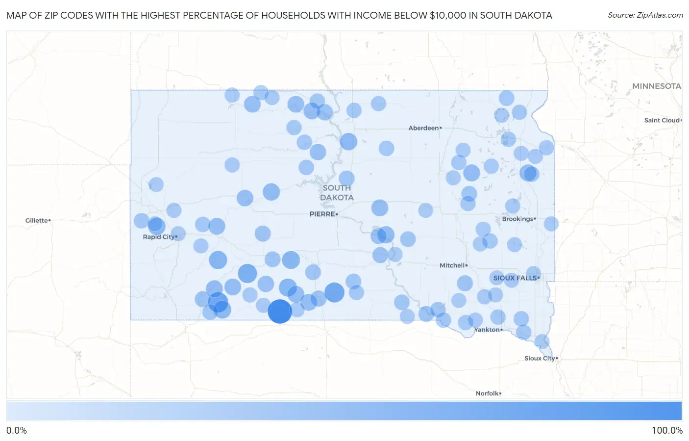 Zip Codes with the Highest Percentage of Households with Income Below $10,000 in South Dakota Map