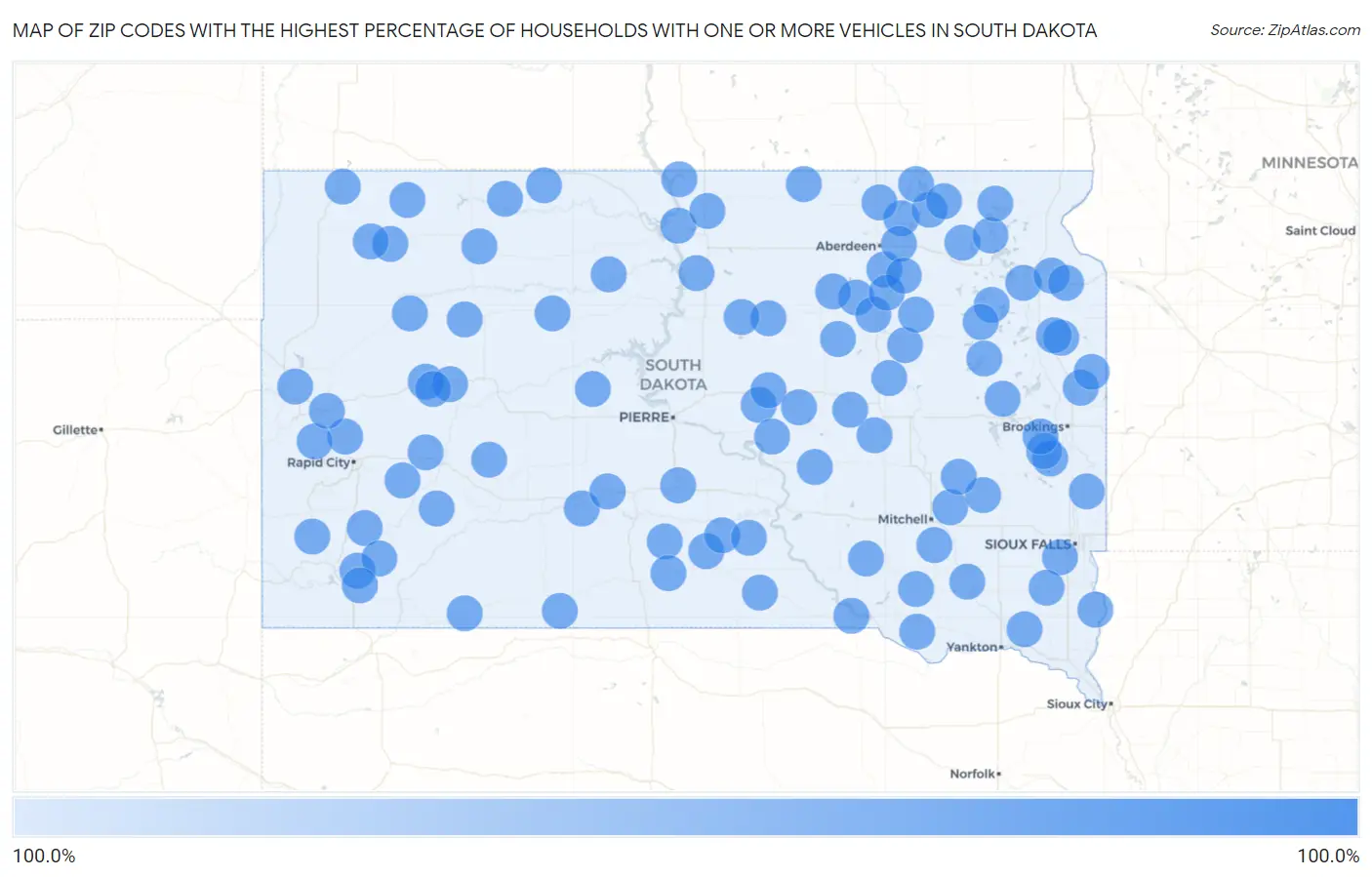 Zip Codes with the Highest Percentage of Households With One or more Vehicles in South Dakota Map
