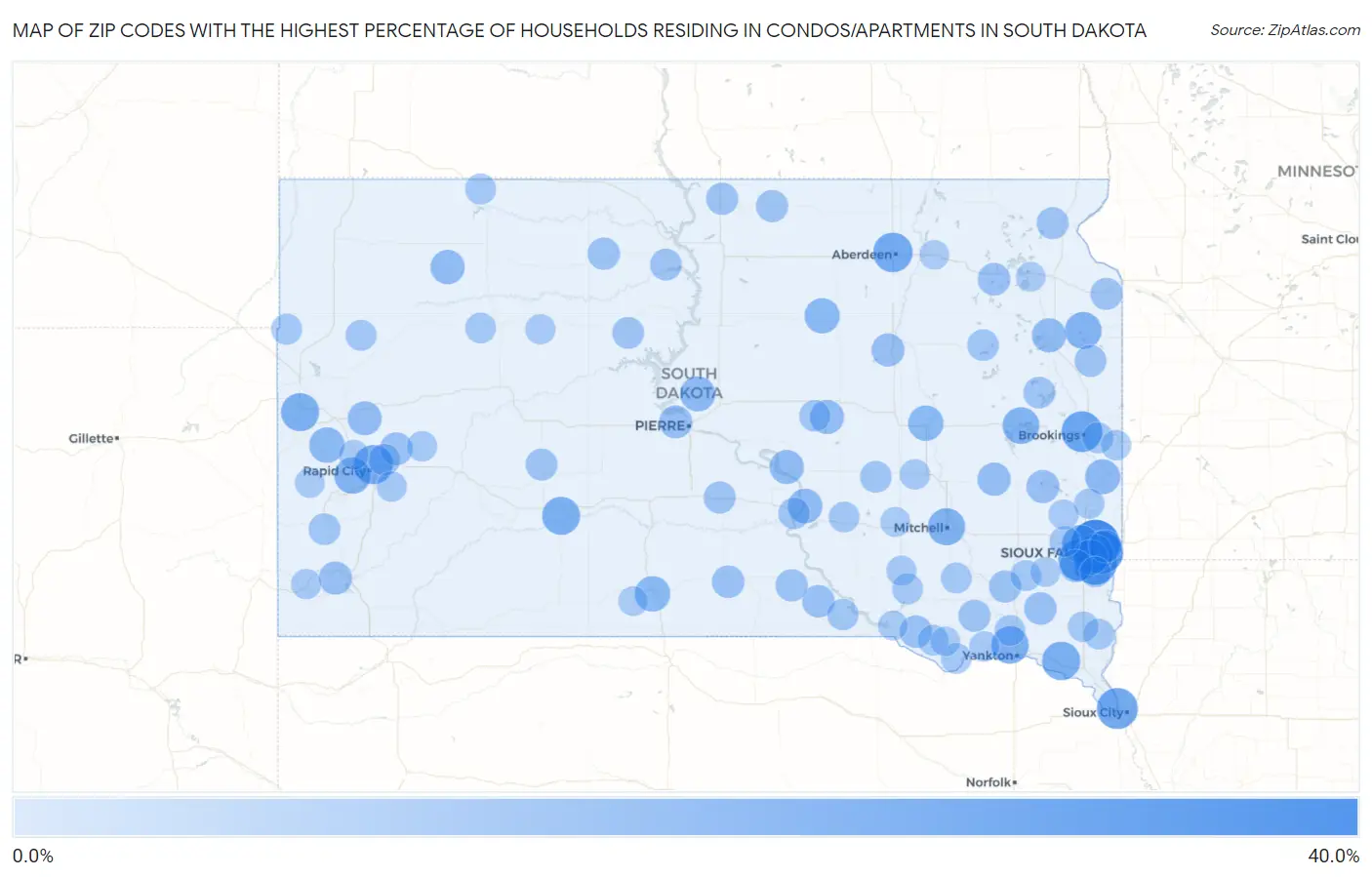 Zip Codes with the Highest Percentage of Households Residing in Condos/Apartments in South Dakota Map