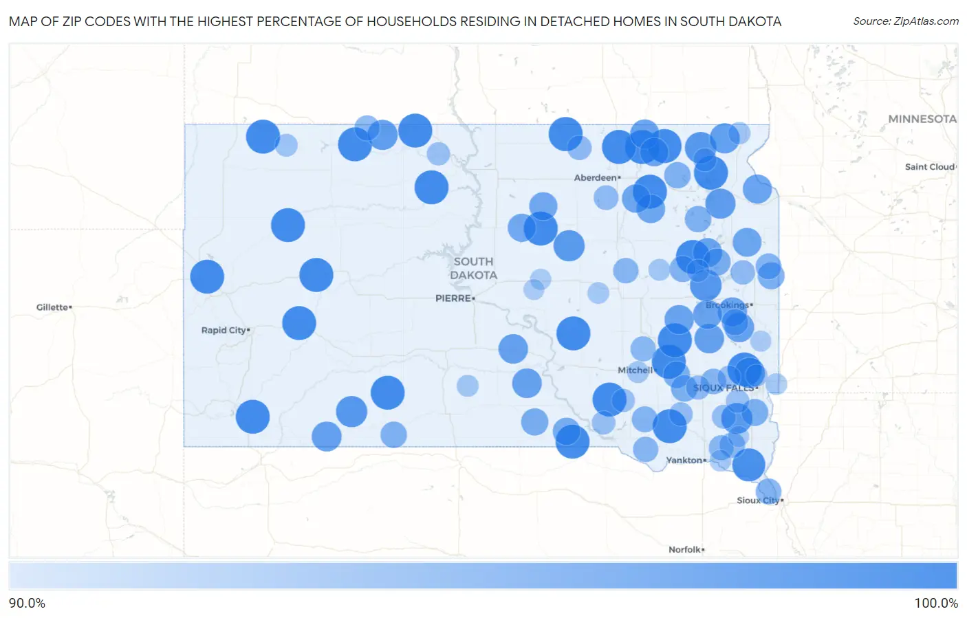 Zip Codes with the Highest Percentage of Households Residing in Detached Homes in South Dakota Map