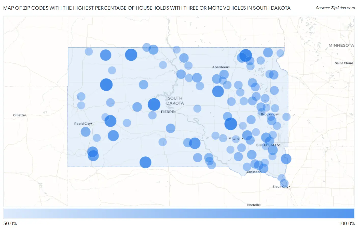 Zip Codes with the Highest Percentage of Households With Three or more Vehicles in South Dakota Map