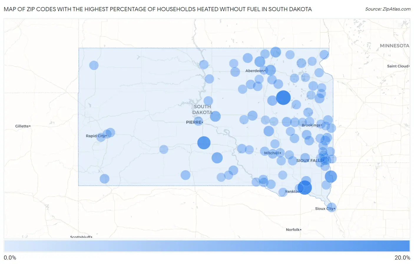 Zip Codes with the Highest Percentage of Households Heated without Fuel in South Dakota Map