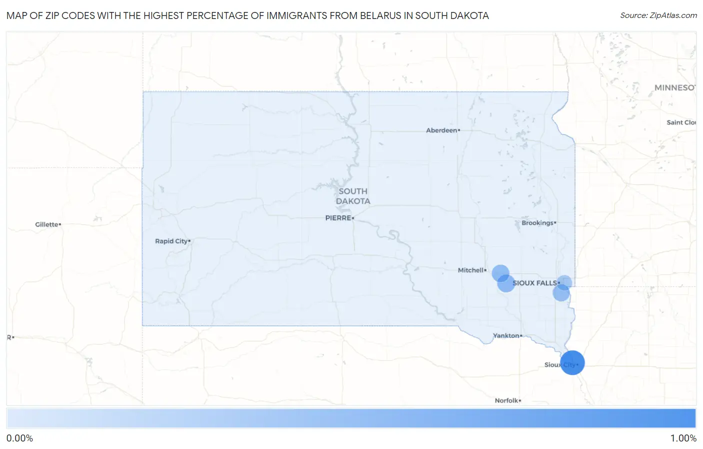 Zip Codes with the Highest Percentage of Immigrants from Belarus in South Dakota Map