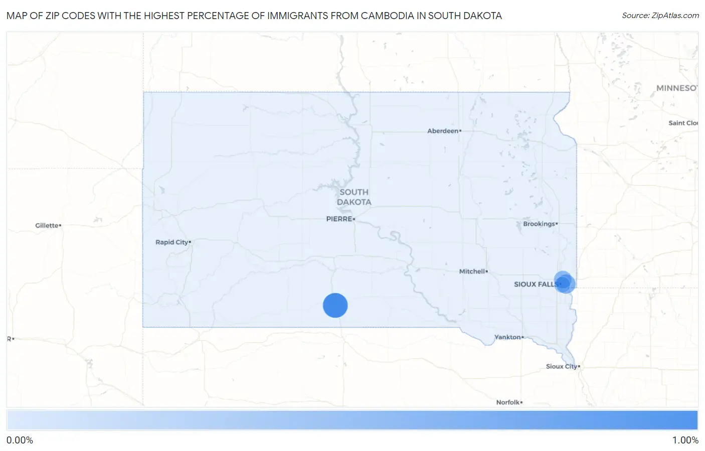 Zip Codes with the Highest Percentage of Immigrants from Cambodia in South Dakota Map