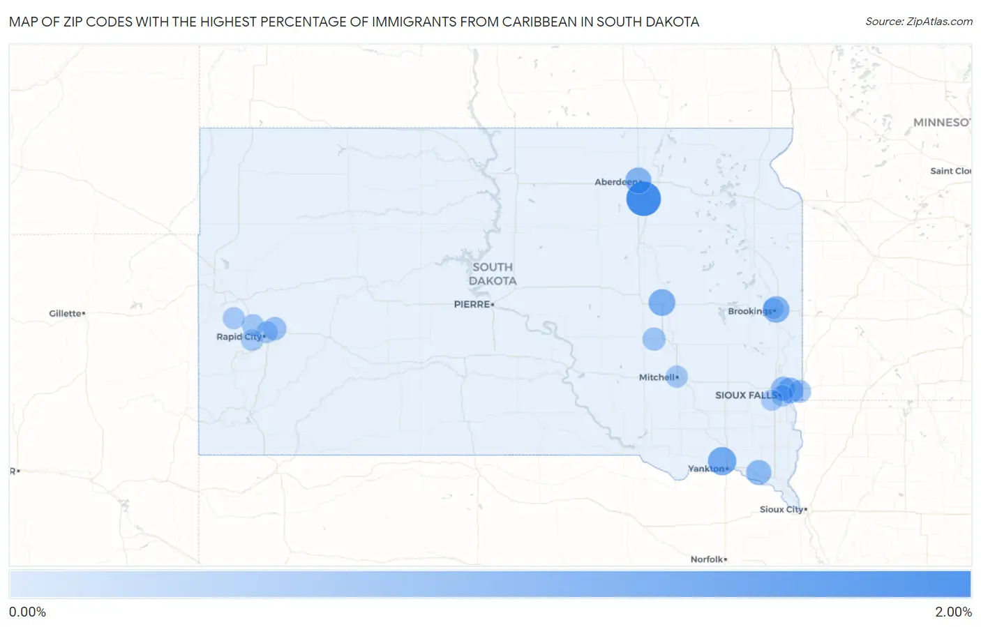 Zip Codes with the Highest Percentage of Immigrants from Caribbean in South Dakota Map