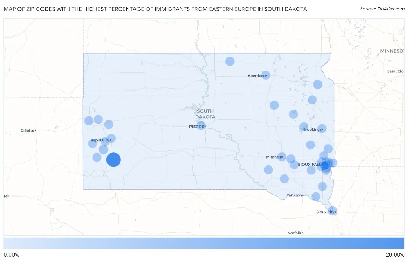 Zip Codes with the Highest Percentage of Immigrants from Eastern Europe in South Dakota Map