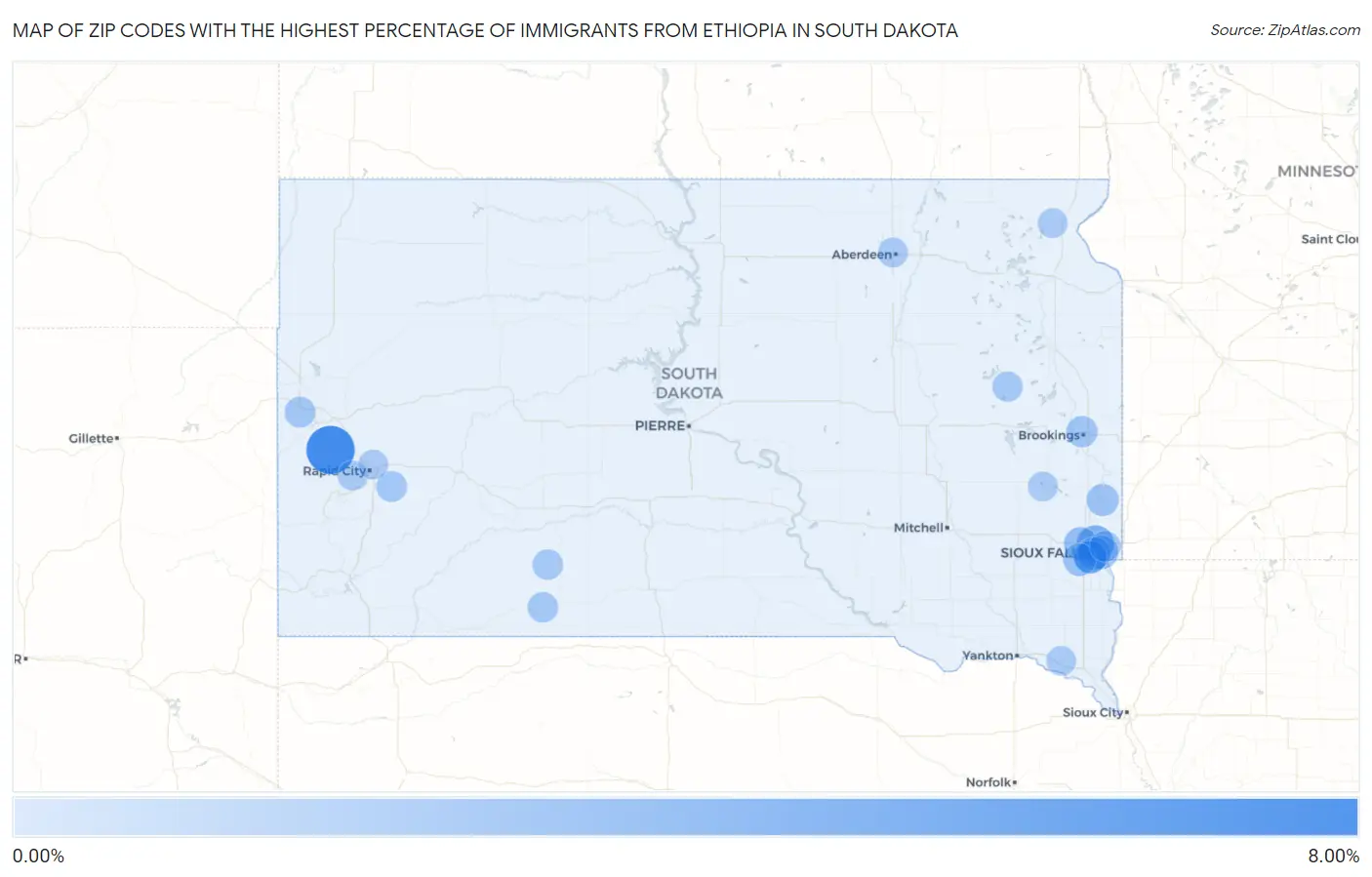 Zip Codes with the Highest Percentage of Immigrants from Ethiopia in South Dakota Map