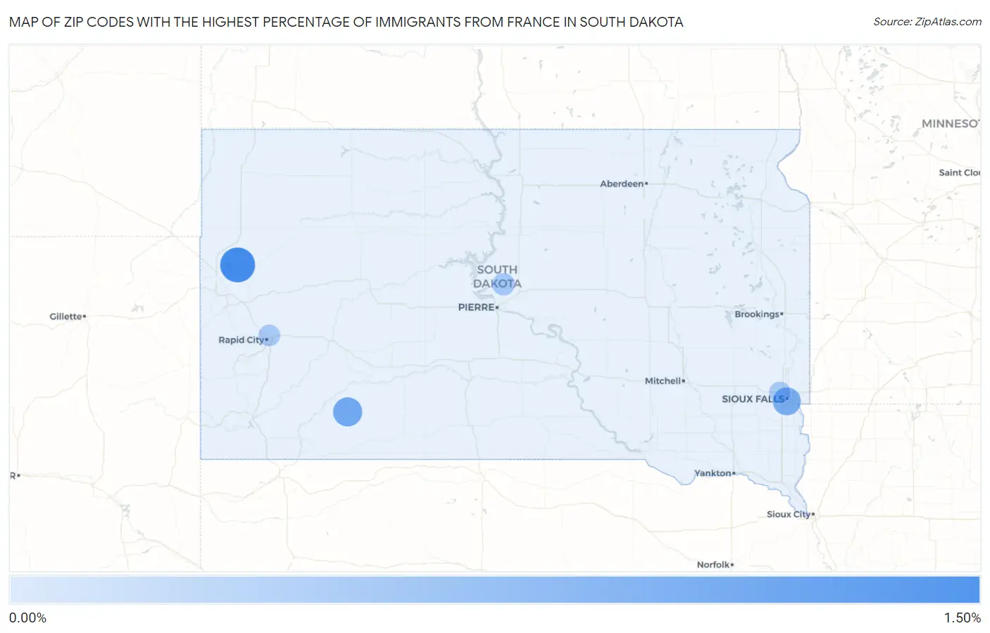 Zip Codes with the Highest Percentage of Immigrants from France in South Dakota Map