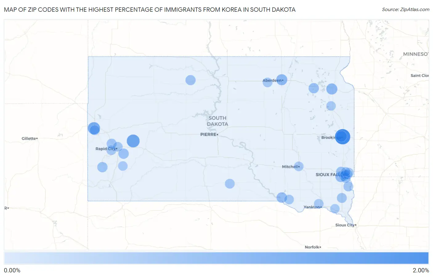Zip Codes with the Highest Percentage of Immigrants from Korea in South Dakota Map