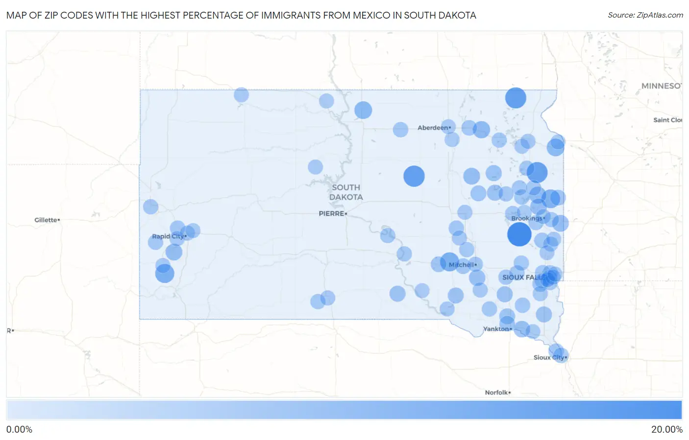 Zip Codes with the Highest Percentage of Immigrants from Mexico in South Dakota Map