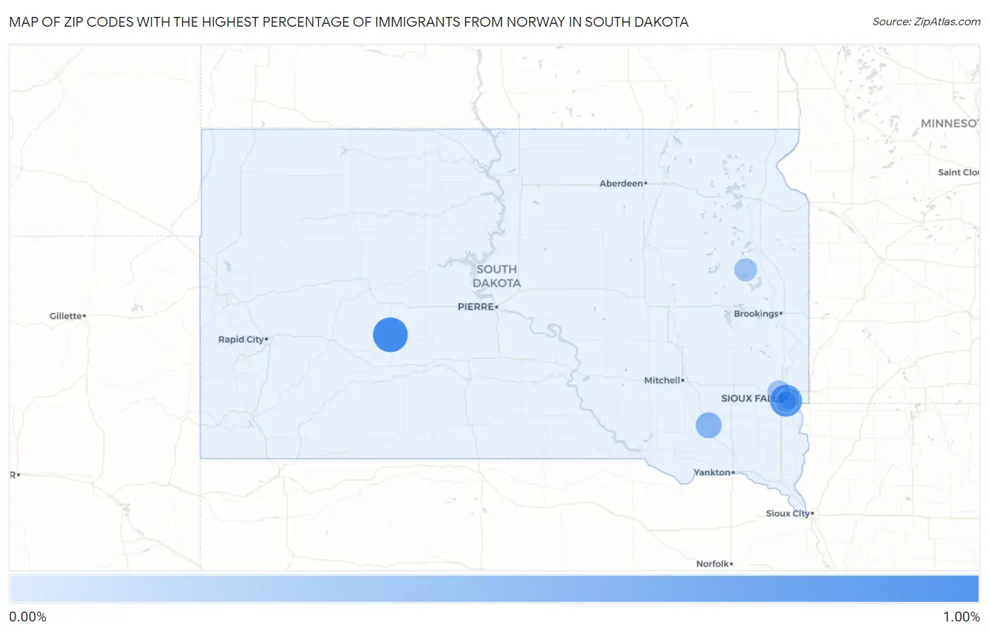 Zip Codes with the Highest Percentage of Immigrants from Norway in South Dakota Map