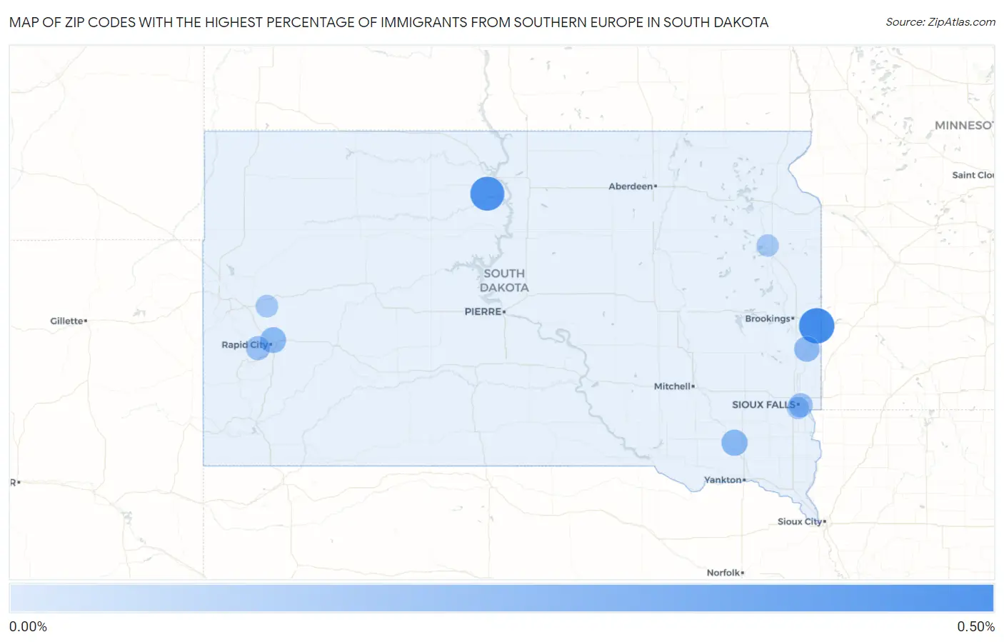 Zip Codes with the Highest Percentage of Immigrants from Southern Europe in South Dakota Map