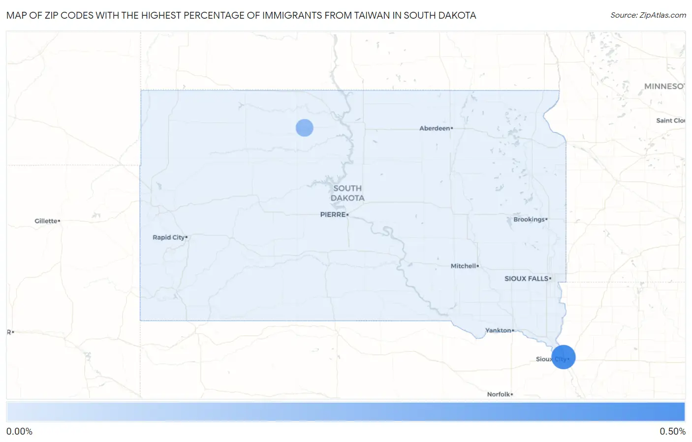 Zip Codes with the Highest Percentage of Immigrants from Taiwan in South Dakota Map