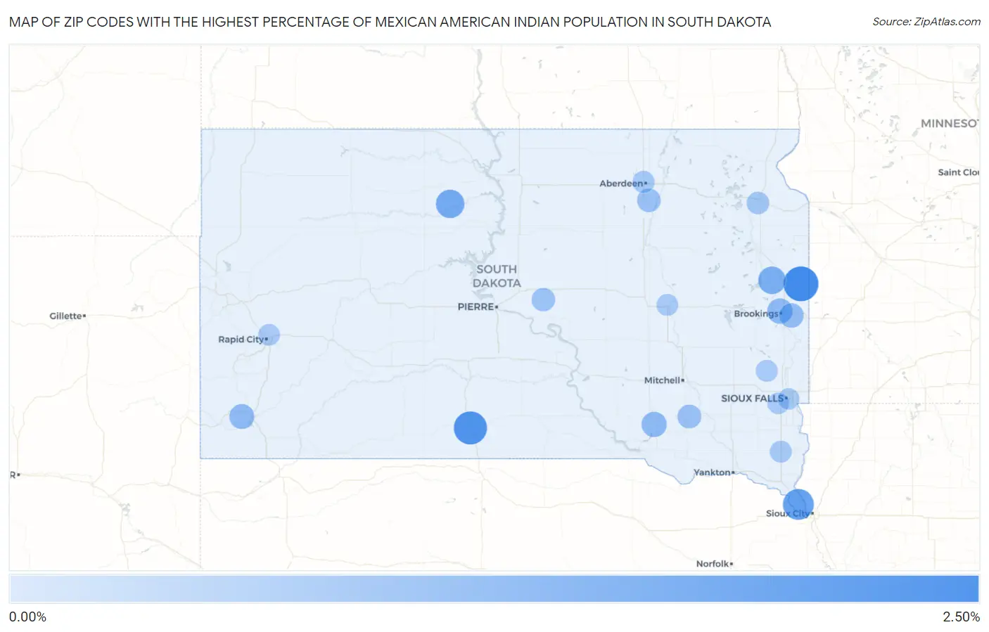 Zip Codes with the Highest Percentage of Mexican American Indian Population in South Dakota Map