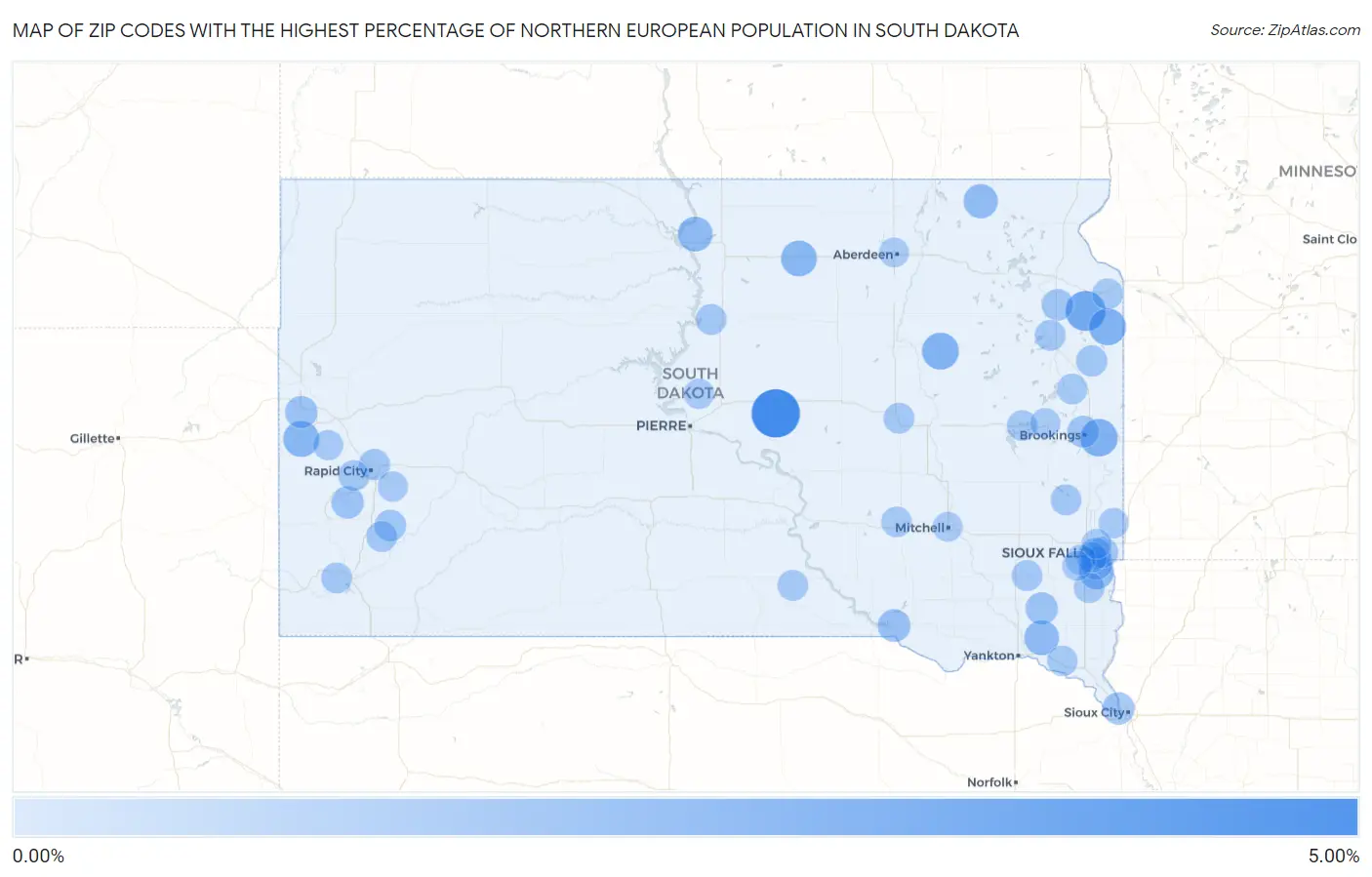 Zip Codes with the Highest Percentage of Northern European Population in South Dakota Map