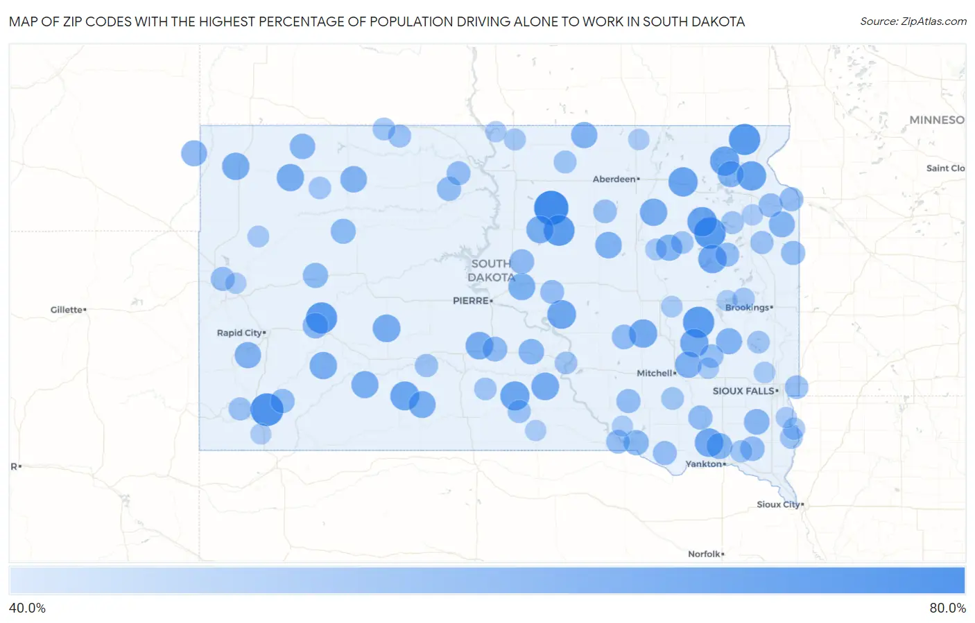 Zip Codes with the Highest Percentage of Population Driving Alone to Work in South Dakota Map