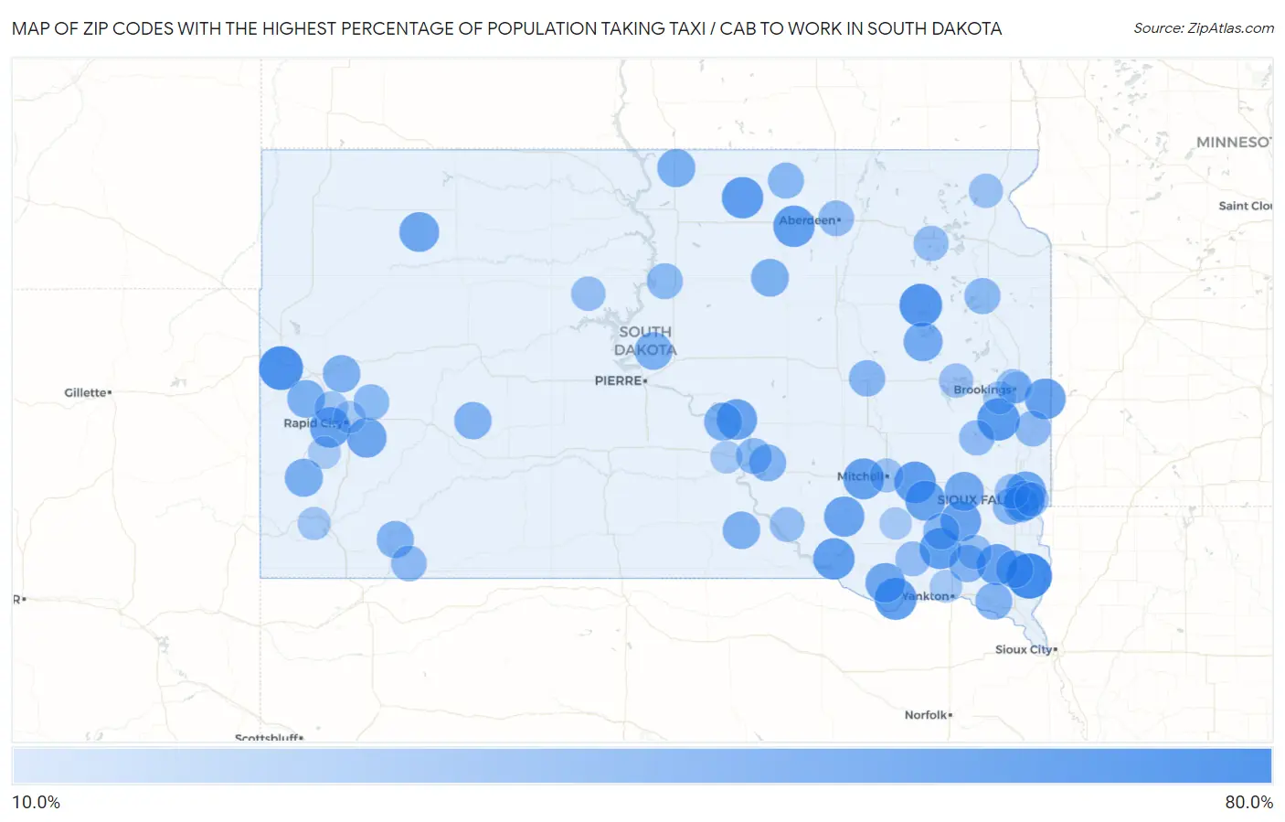 Zip Codes with the Highest Percentage of Population Taking Taxi / Cab to Work in South Dakota Map