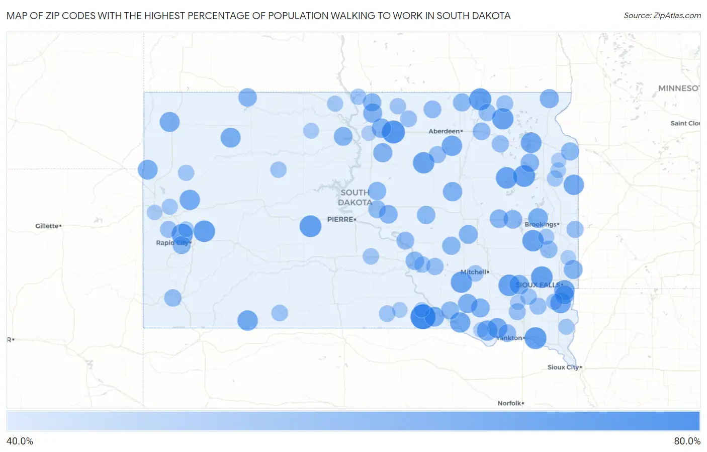 Zip Codes with the Highest Percentage of Population Walking to Work in South Dakota Map