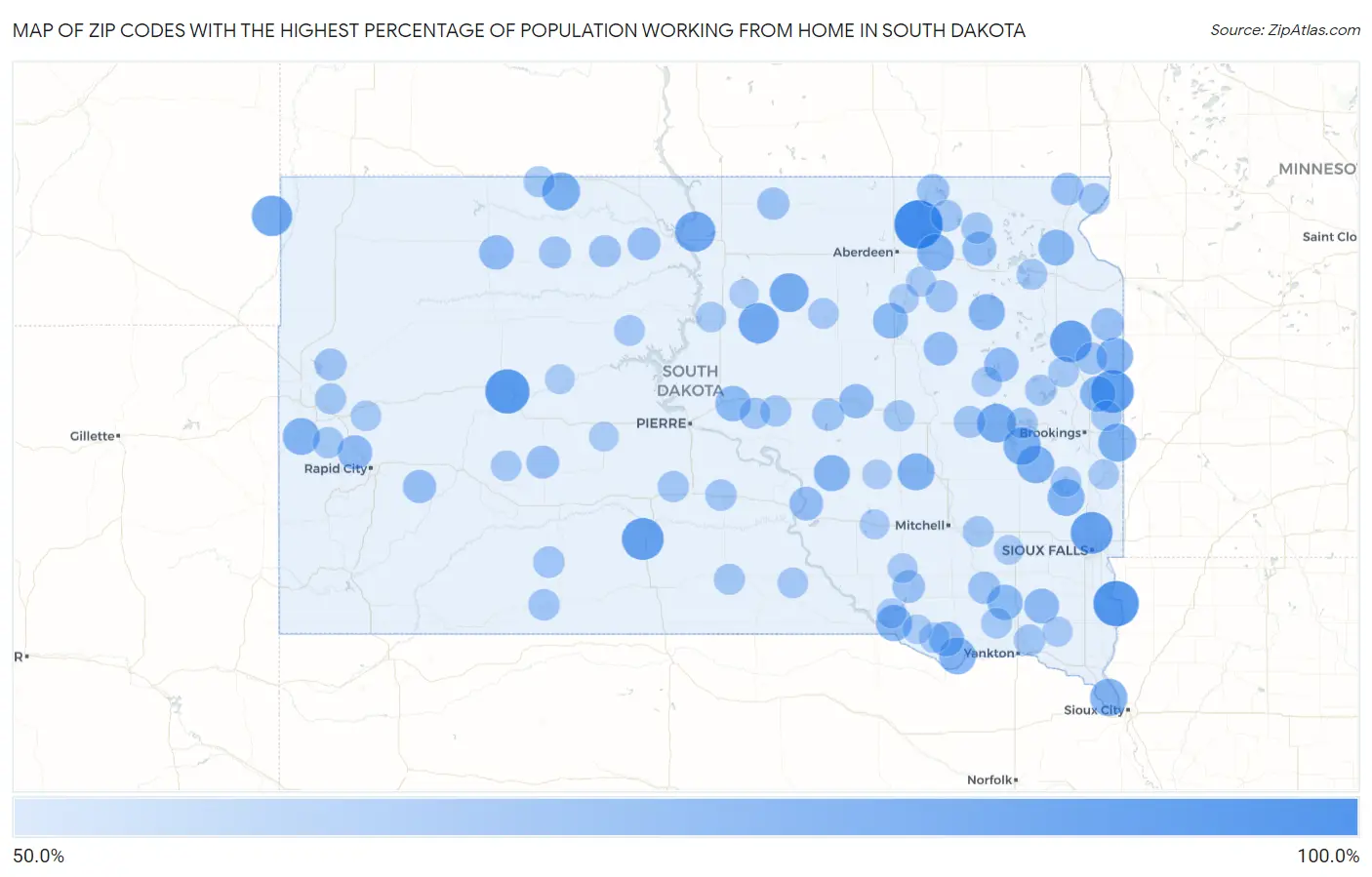 Zip Codes with the Highest Percentage of Population Working from Home in South Dakota Map