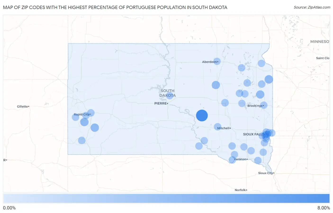Zip Codes with the Highest Percentage of Portuguese Population in South Dakota Map