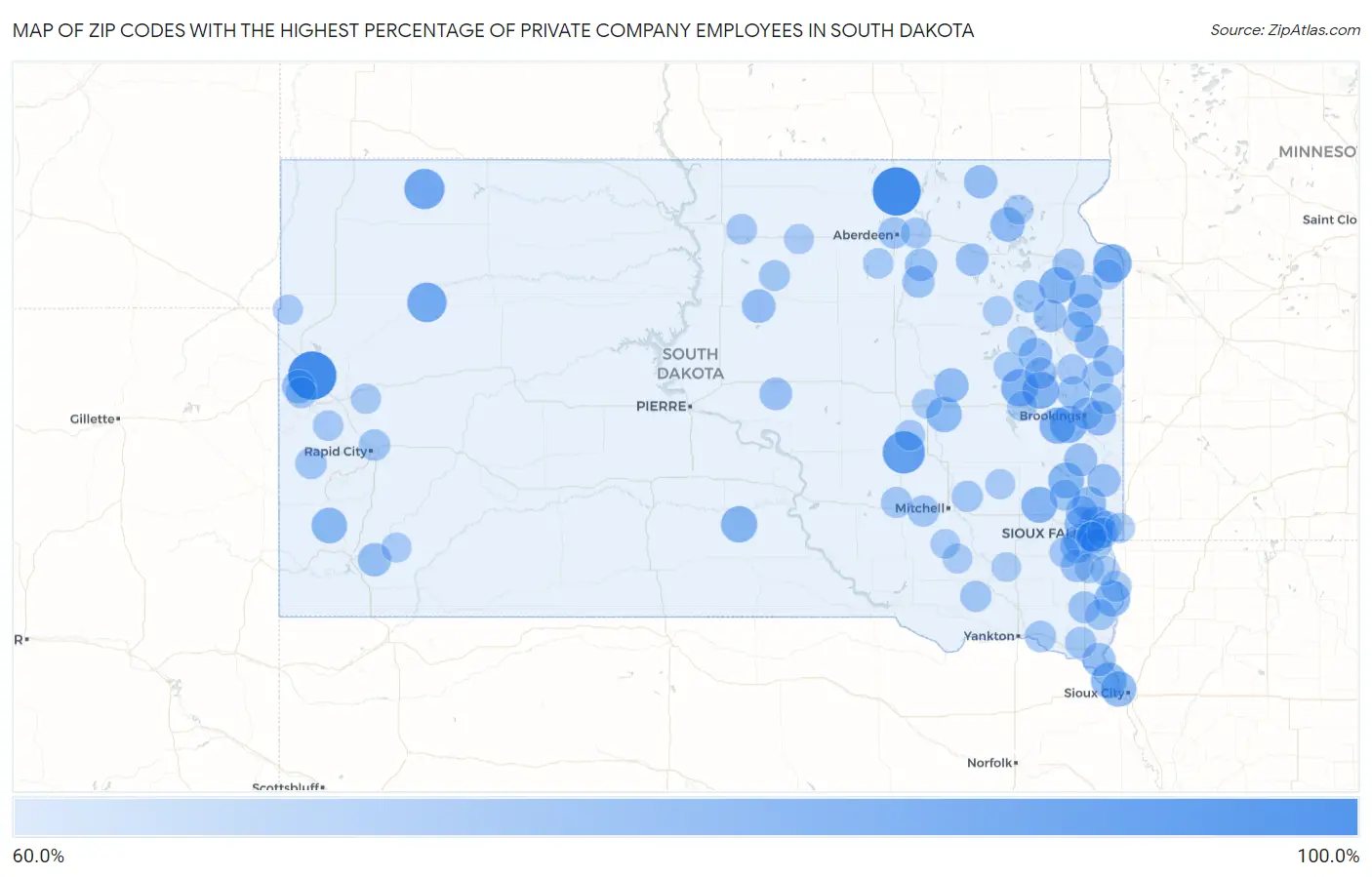 Zip Codes with the Highest Percentage of Private Company Employees in South Dakota Map
