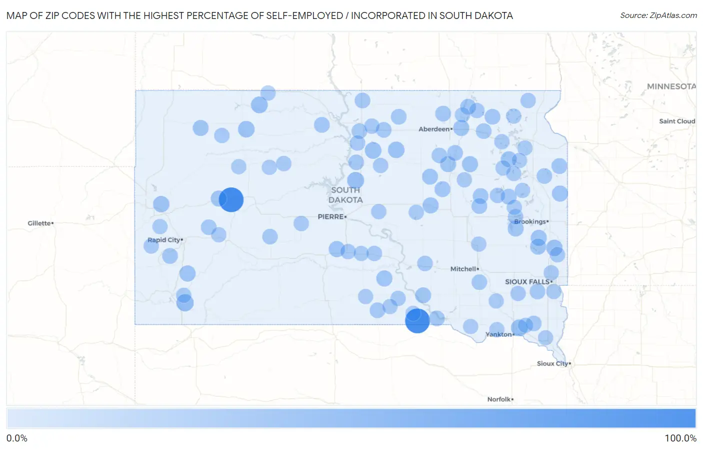 Zip Codes with the Highest Percentage of Self-Employed / Incorporated in South Dakota Map