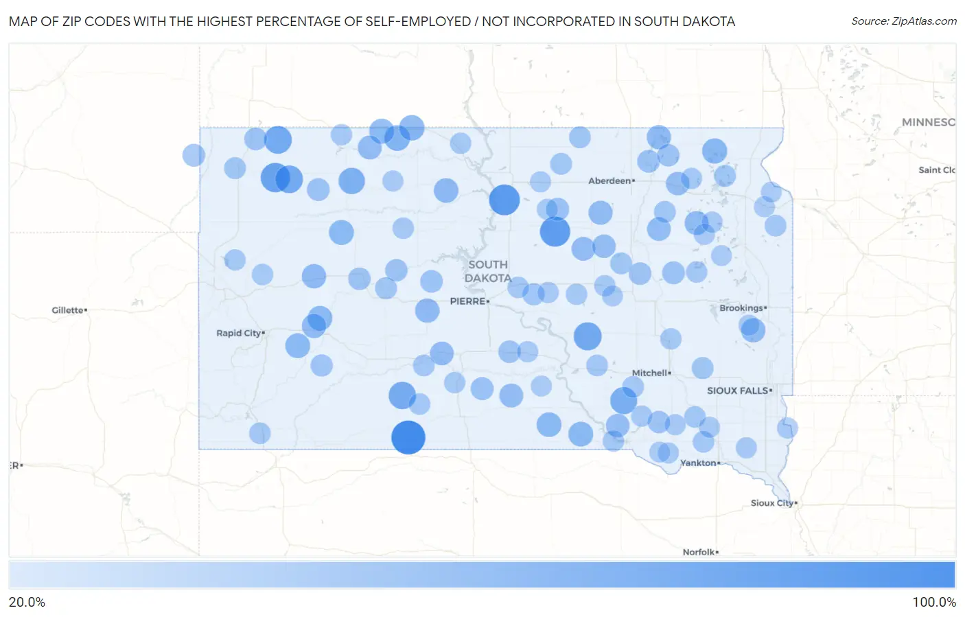 Zip Codes with the Highest Percentage of Self-Employed / Not Incorporated in South Dakota Map