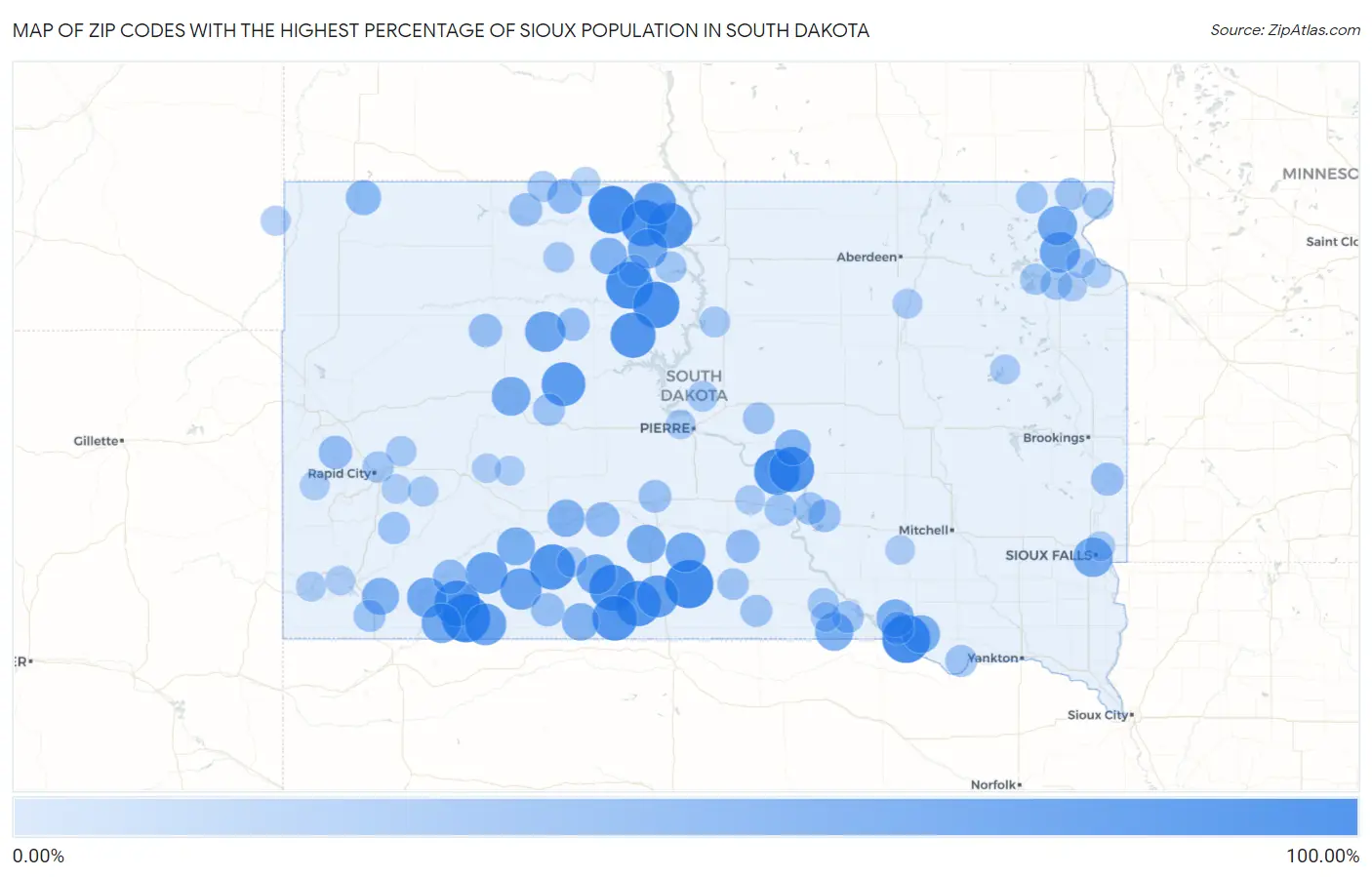 Zip Codes with the Highest Percentage of Sioux Population in South Dakota Map