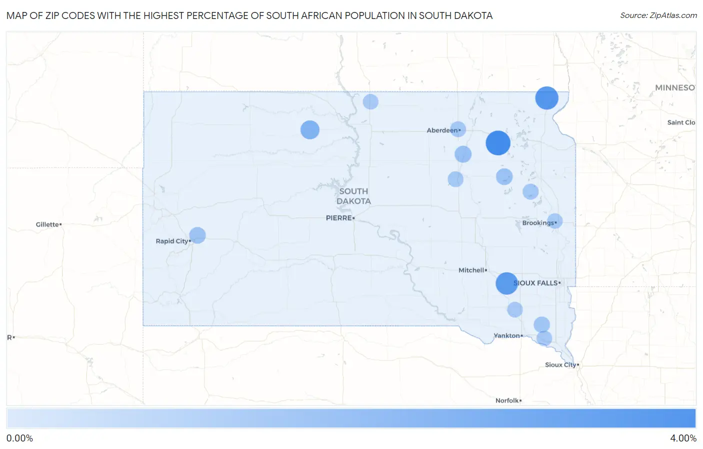 Zip Codes with the Highest Percentage of South African Population in South Dakota Map