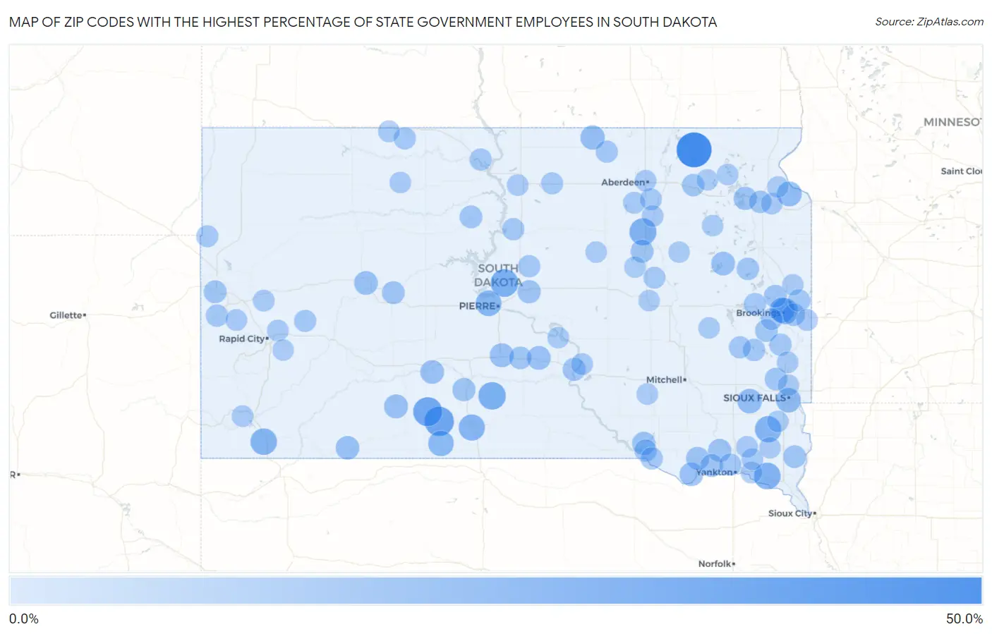 Zip Codes with the Highest Percentage of State Government Employees in South Dakota Map