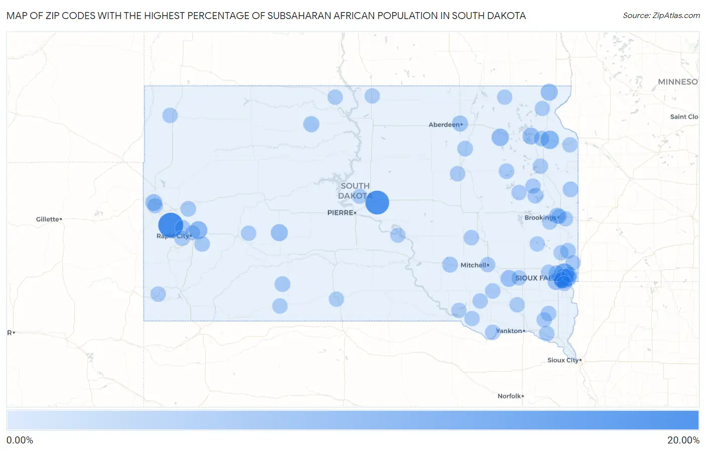 Zip Codes with the Highest Percentage of Subsaharan African Population in South Dakota Map