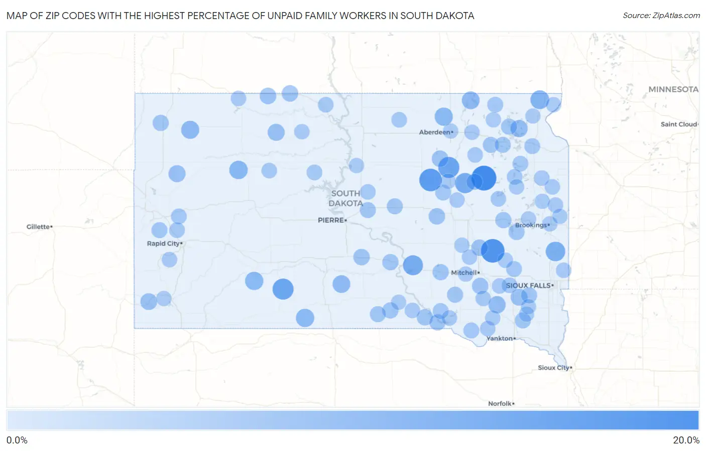 Zip Codes with the Highest Percentage of Unpaid Family Workers in South Dakota Map