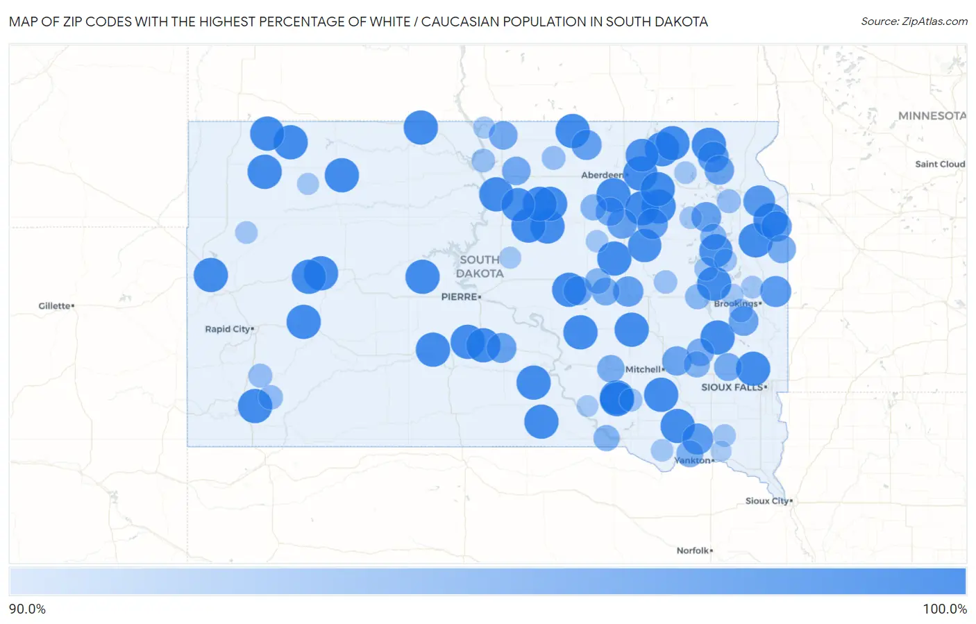 Zip Codes with the Highest Percentage of White / Caucasian Population in South Dakota Map