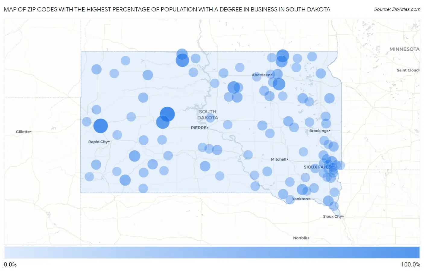 Zip Codes with the Highest Percentage of Population with a Degree in Business in South Dakota Map