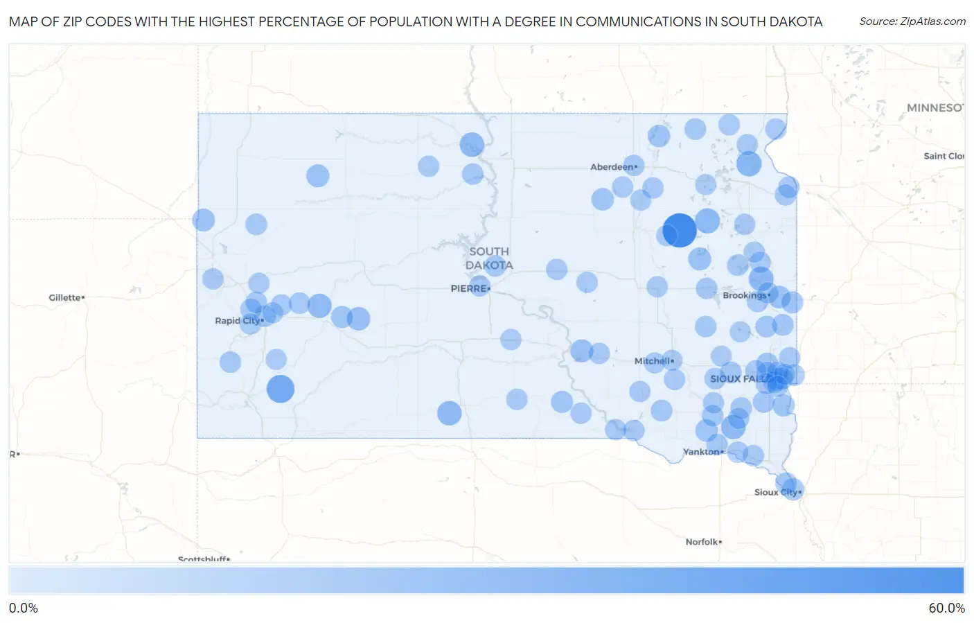 Zip Codes with the Highest Percentage of Population with a Degree in Communications in South Dakota Map