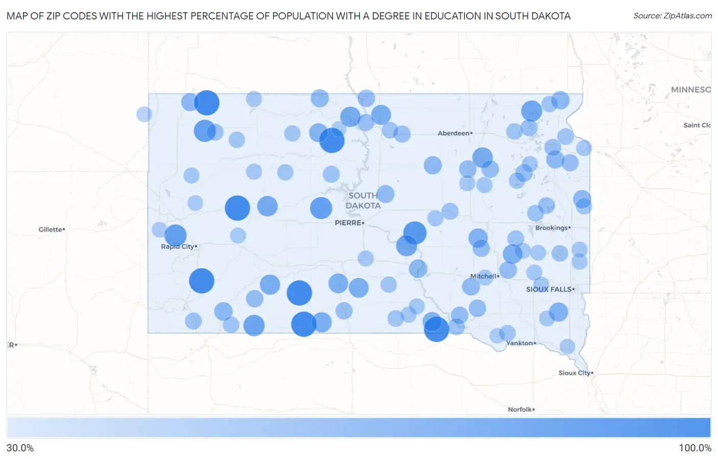 Zip Codes with the Highest Percentage of Population with a Degree in Education in South Dakota Map