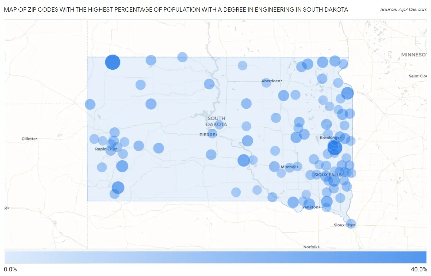 Zip Codes with the Highest Percentage of Population with a Degree in Engineering in South Dakota Map