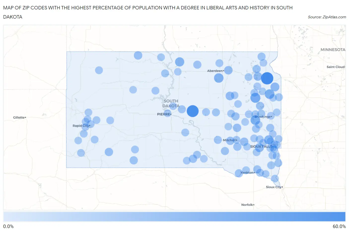 Zip Codes with the Highest Percentage of Population with a Degree in Liberal Arts and History in South Dakota Map