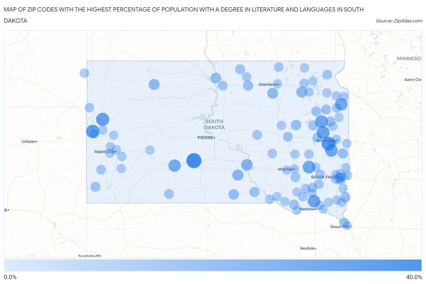 Zip Codes with the Highest Percentage of Population with a Degree in Literature and Languages in South Dakota Map