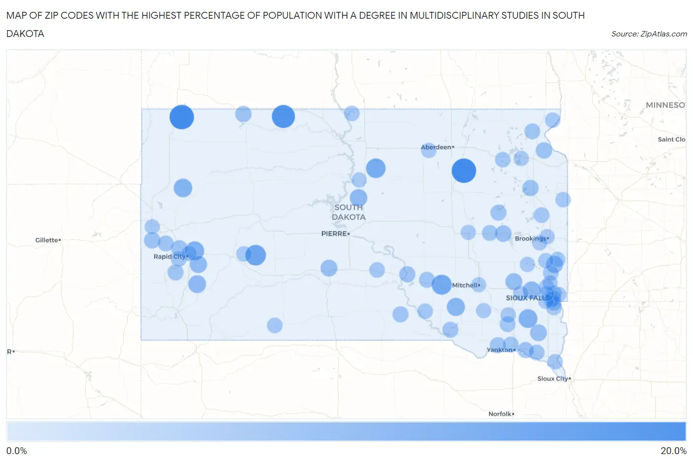 Zip Codes with the Highest Percentage of Population with a Degree in Multidisciplinary Studies in South Dakota Map