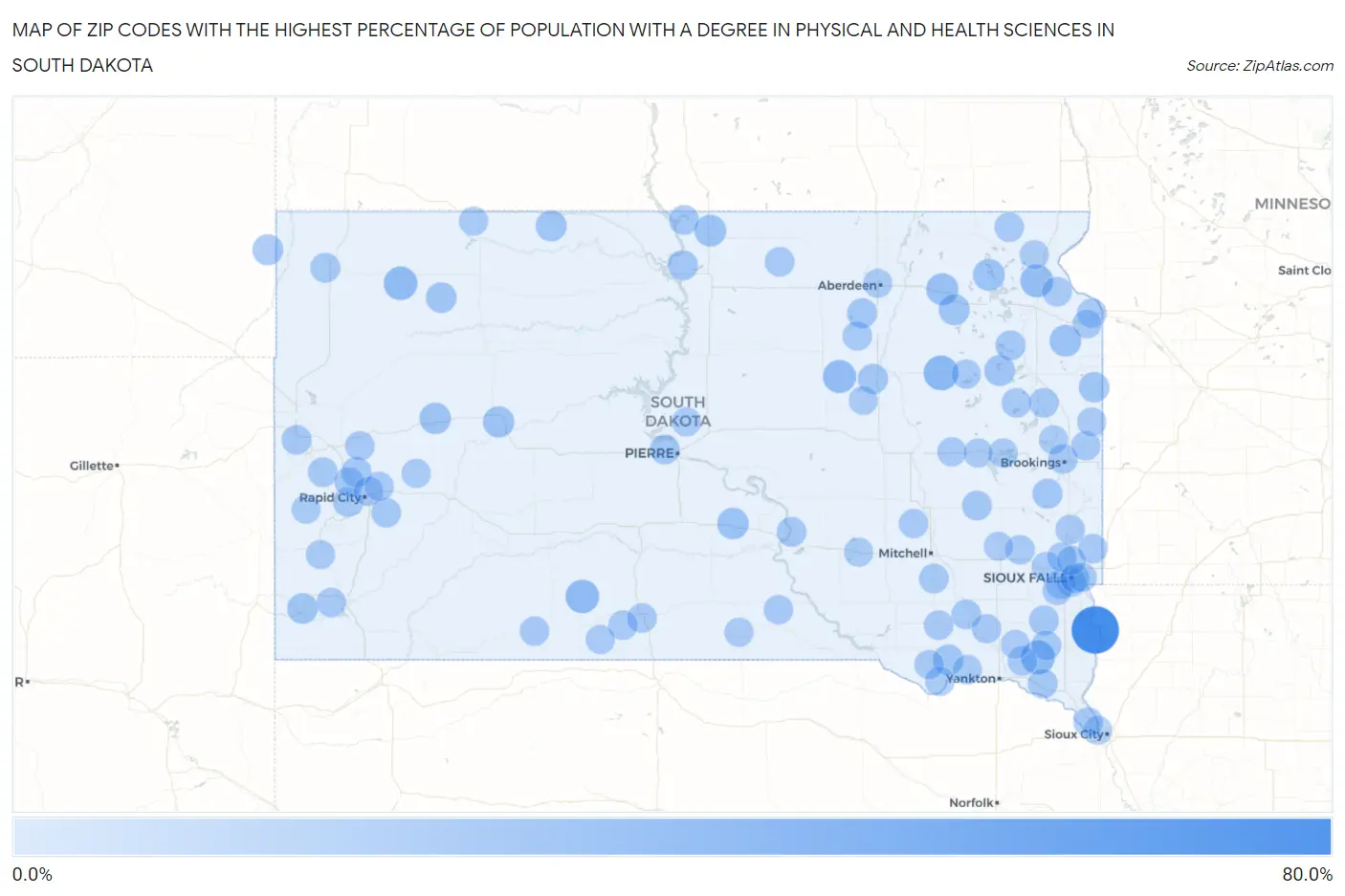 Zip Codes with the Highest Percentage of Population with a Degree in Physical and Health Sciences in South Dakota Map