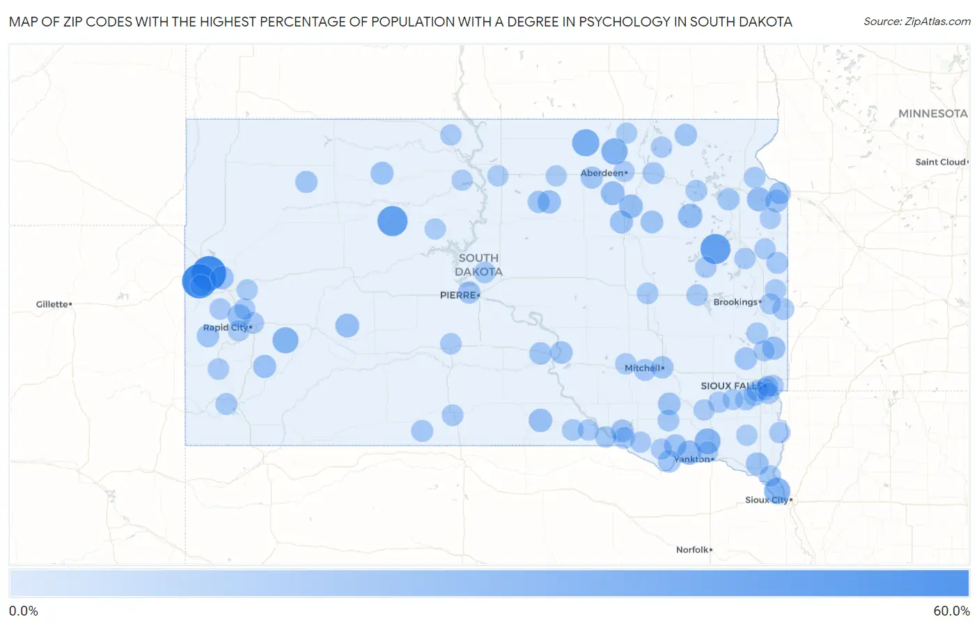 Zip Codes with the Highest Percentage of Population with a Degree in Psychology in South Dakota Map
