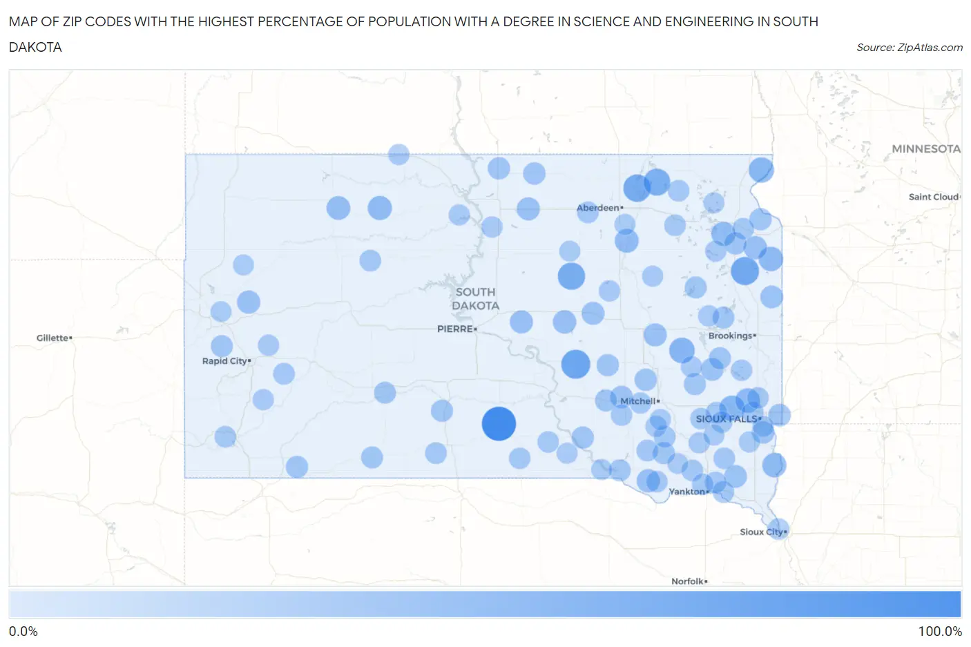 Zip Codes with the Highest Percentage of Population with a Degree in Science and Engineering in South Dakota Map