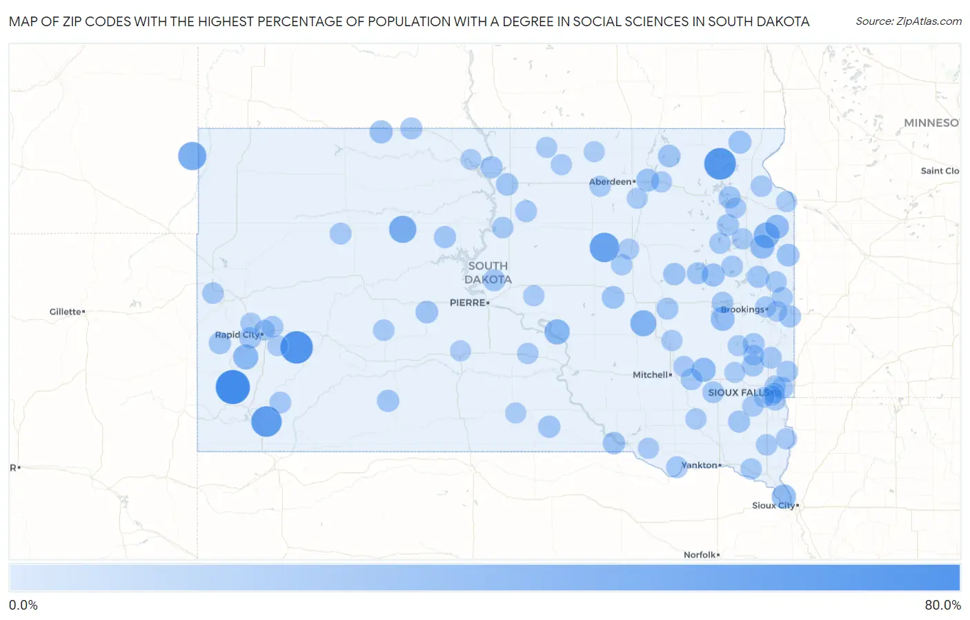 Zip Codes with the Highest Percentage of Population with a Degree in Social Sciences in South Dakota Map