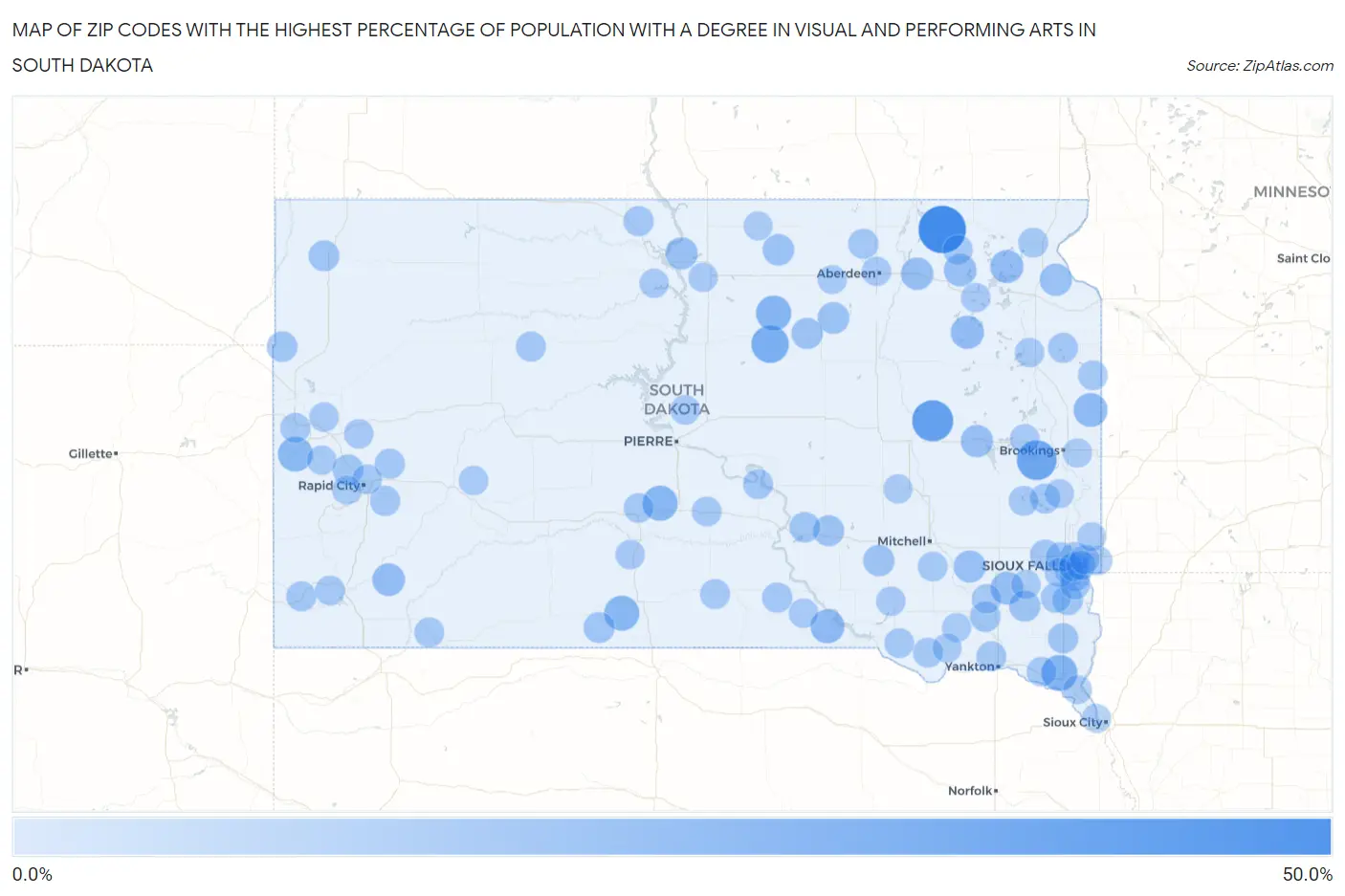 Zip Codes with the Highest Percentage of Population with a Degree in Visual and Performing Arts in South Dakota Map