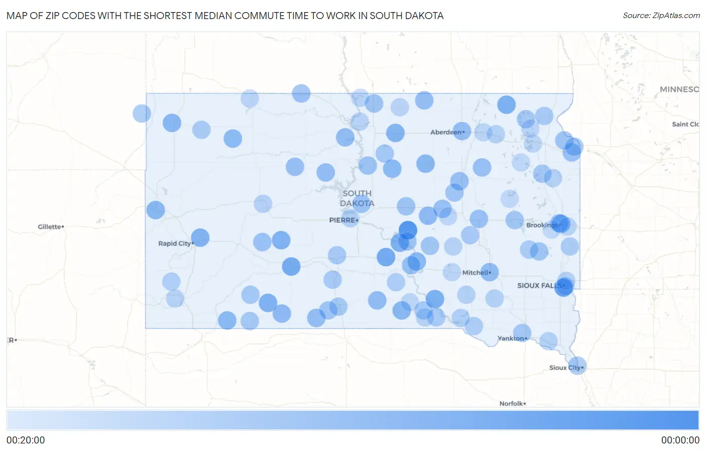 Zip Codes with the Shortest Median Commute Time to Work in South Dakota Map
