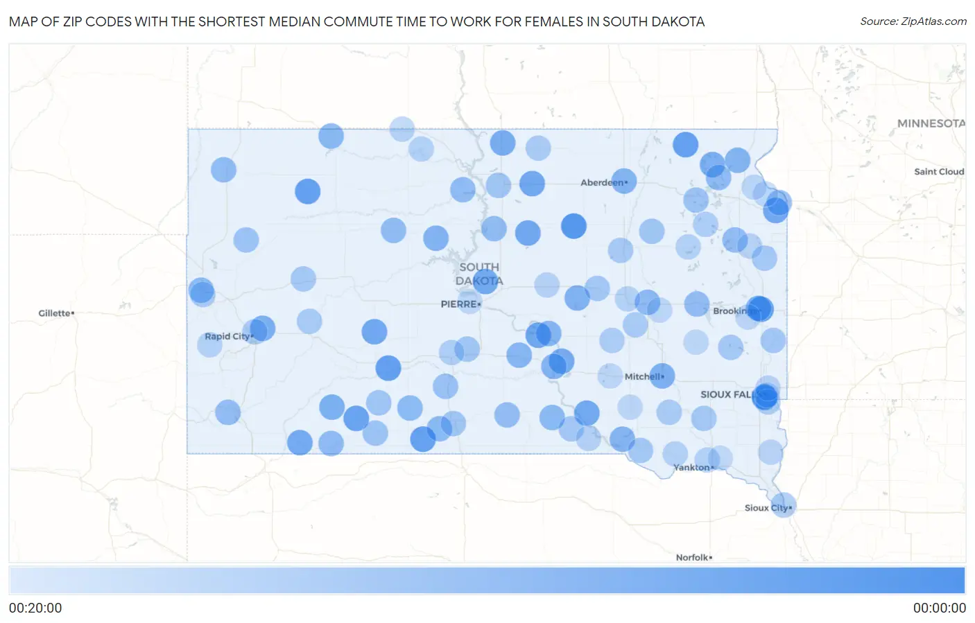 Zip Codes with the Shortest Median Commute Time to Work for Females in South Dakota Map