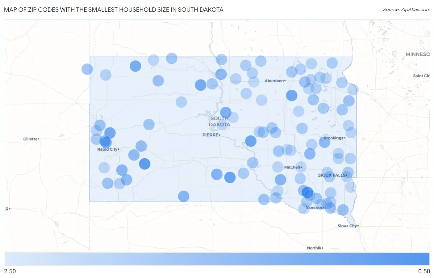 Zip Codes with the Smallest Household Size in South Dakota Map