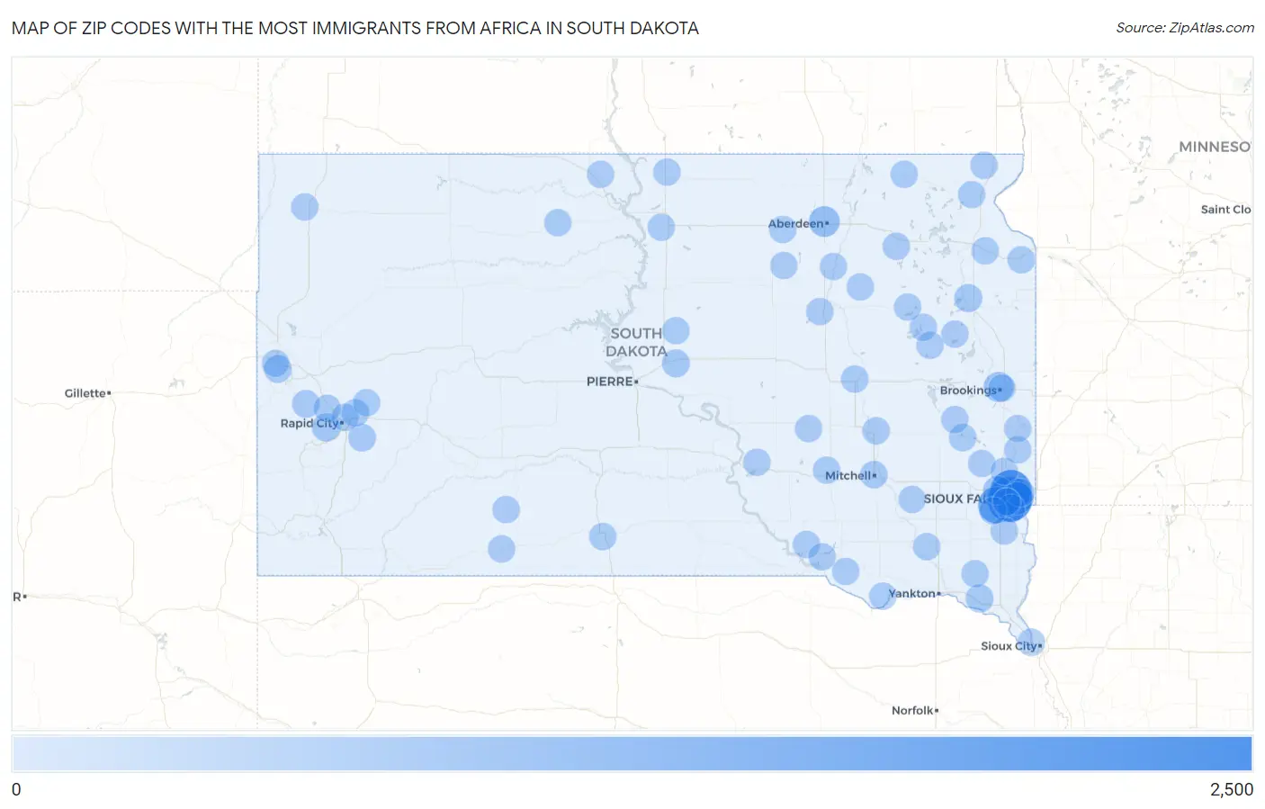 Zip Codes with the Most Immigrants from Africa in South Dakota Map