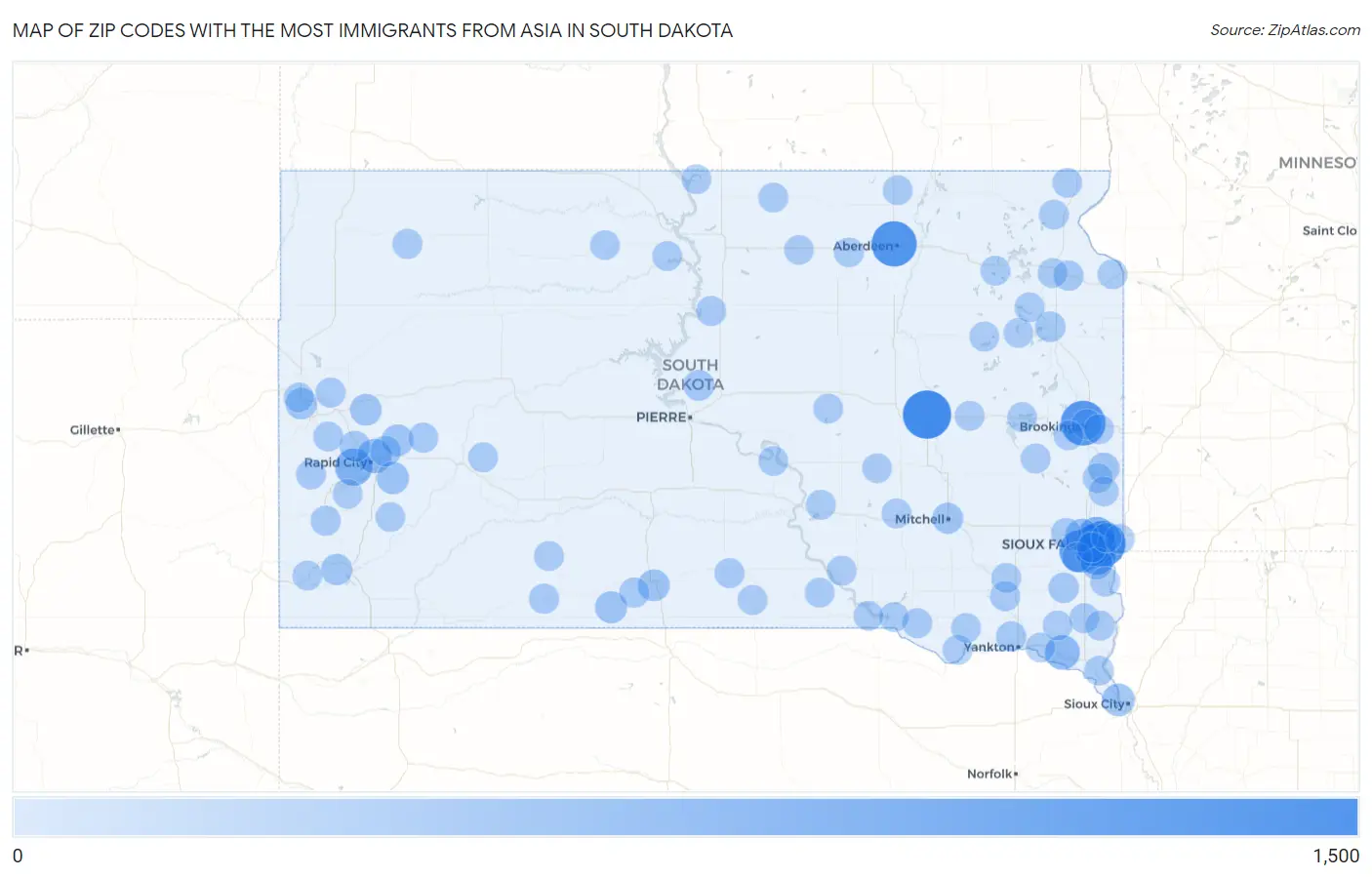 Zip Codes with the Most Immigrants from Asia in South Dakota Map